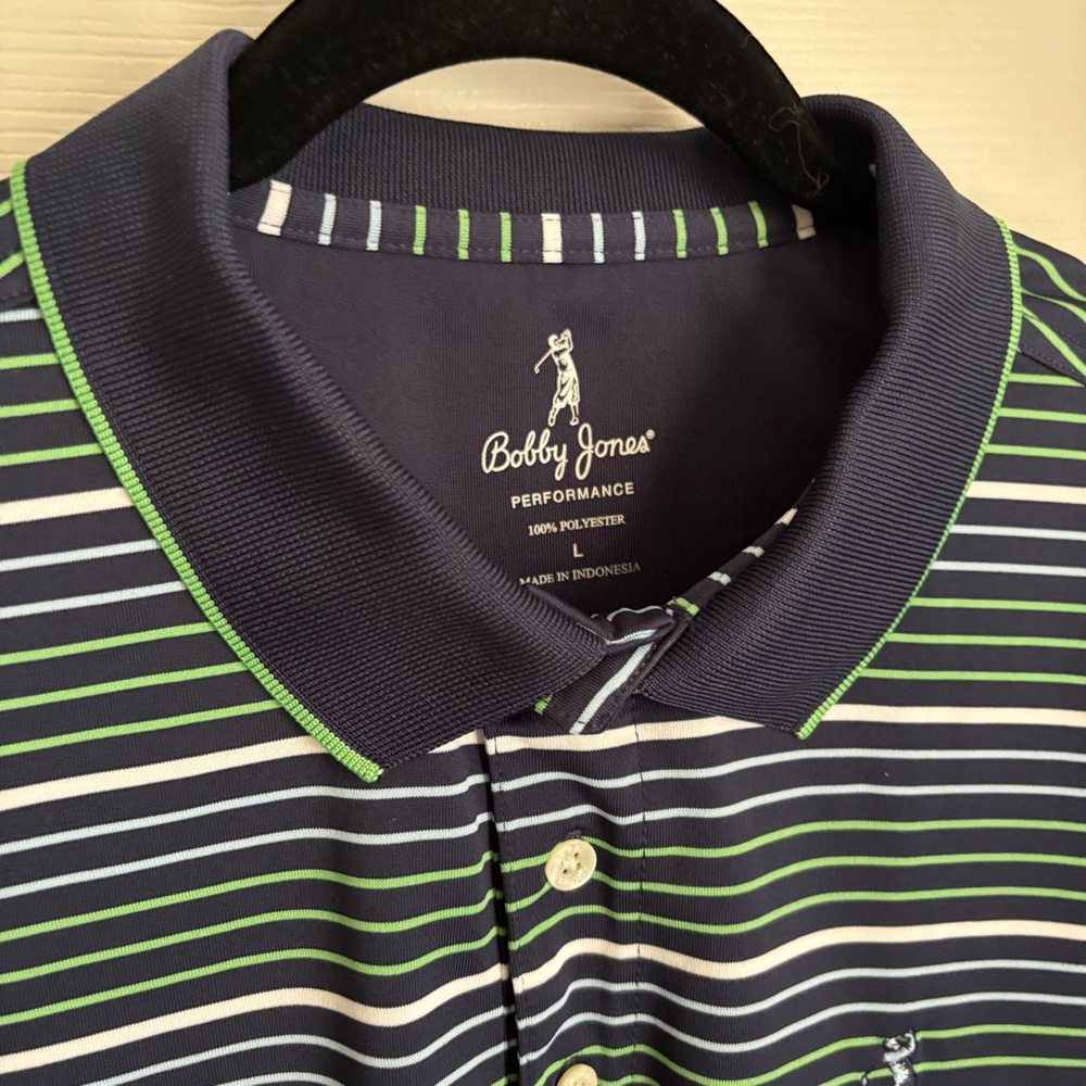 Bobby Jones Men’s Performance Golf Polo Navy Shirt Green White Striped Size L - Picture 7 of 7